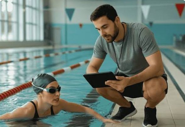 Swim coach reviewing technique with a swimmer