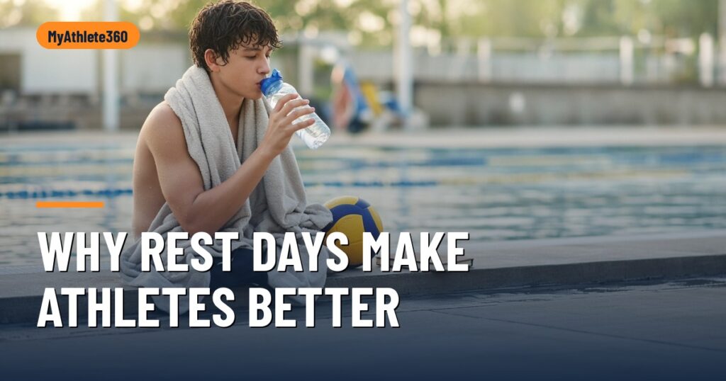 Teen swimmer in a towel sitting poolside with a water bottle, volleyball and notebook beside them – rest days for young athletes