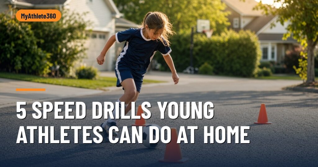 Young soccer player weaving through bright orange cones on a sunny driveway – speed drills for young athletes at home