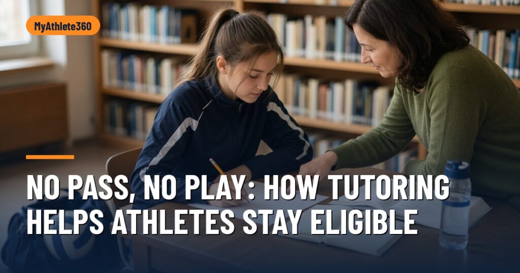 Teen volleyball player in a team warm-up jacket studying with a tutor at a library table, sports bag nearby – No Pass, No Play tutoring for student-athletes