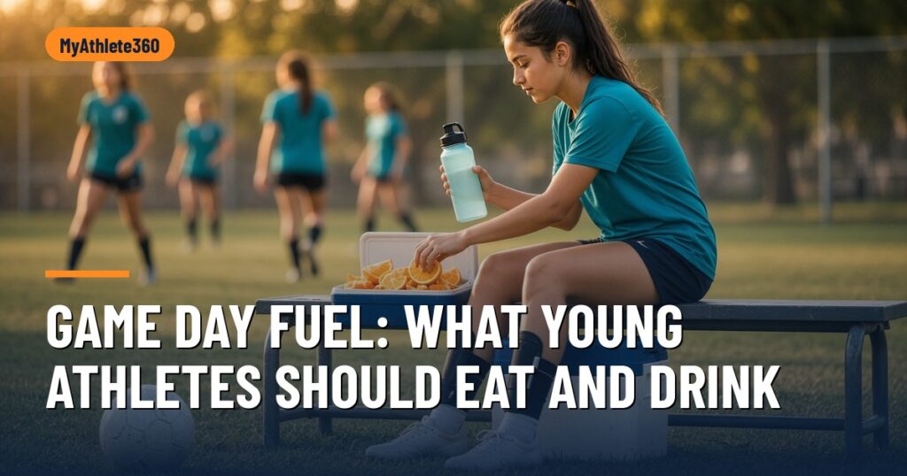 Teen soccer player on a sideline bench reaching for orange slices from a cooler with a water bottle in hand – game day nutrition for young athletes