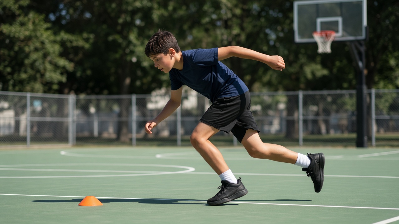 Young basketball player sprinting between two cones on an outdoor court during a shuttle run drill