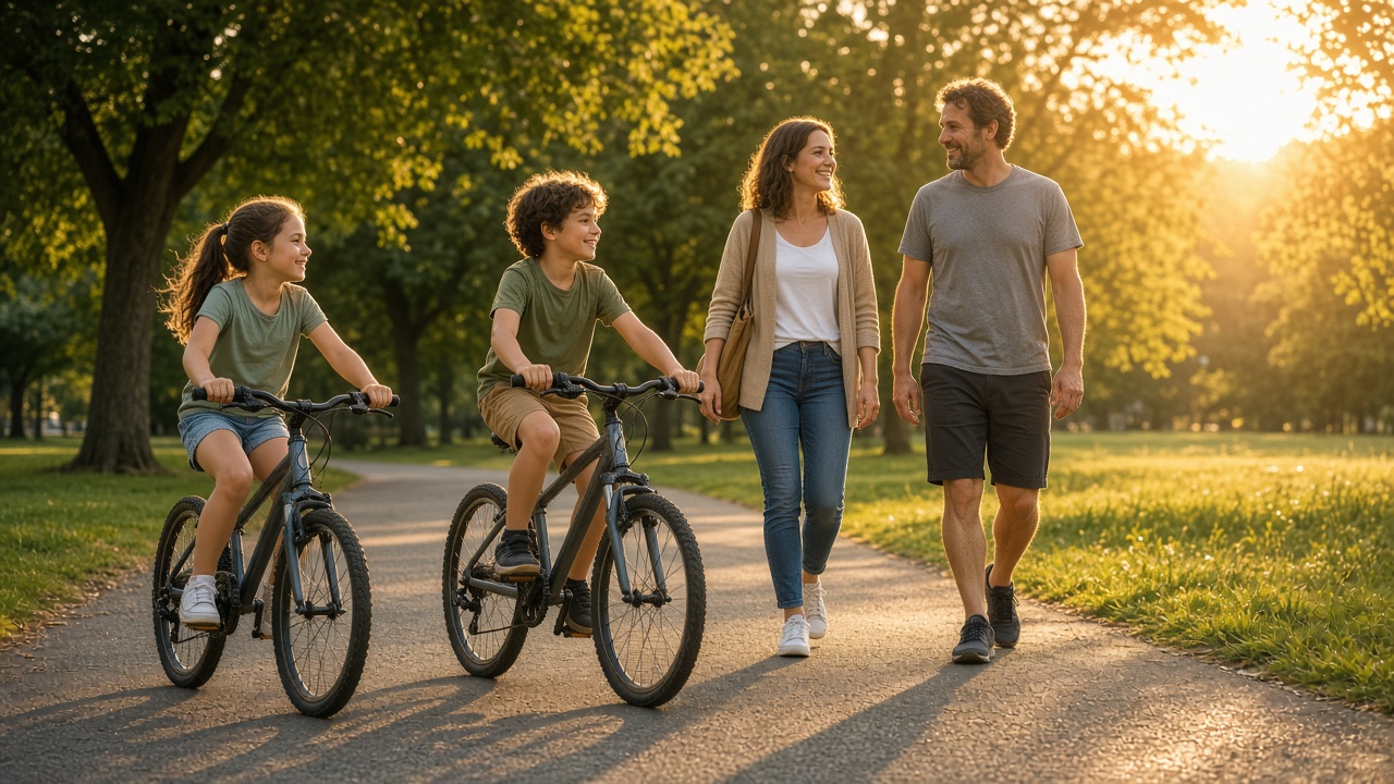 Family enjoying a relaxed bike ride in a park as an example of active rest