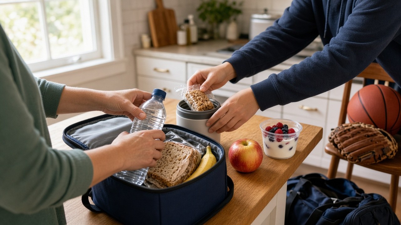 Parent and teen packing a cooler with a whole-grain sandwich, banana, apple, yogurt with berries and water bottles, with a basketball and baseball glove nearby
