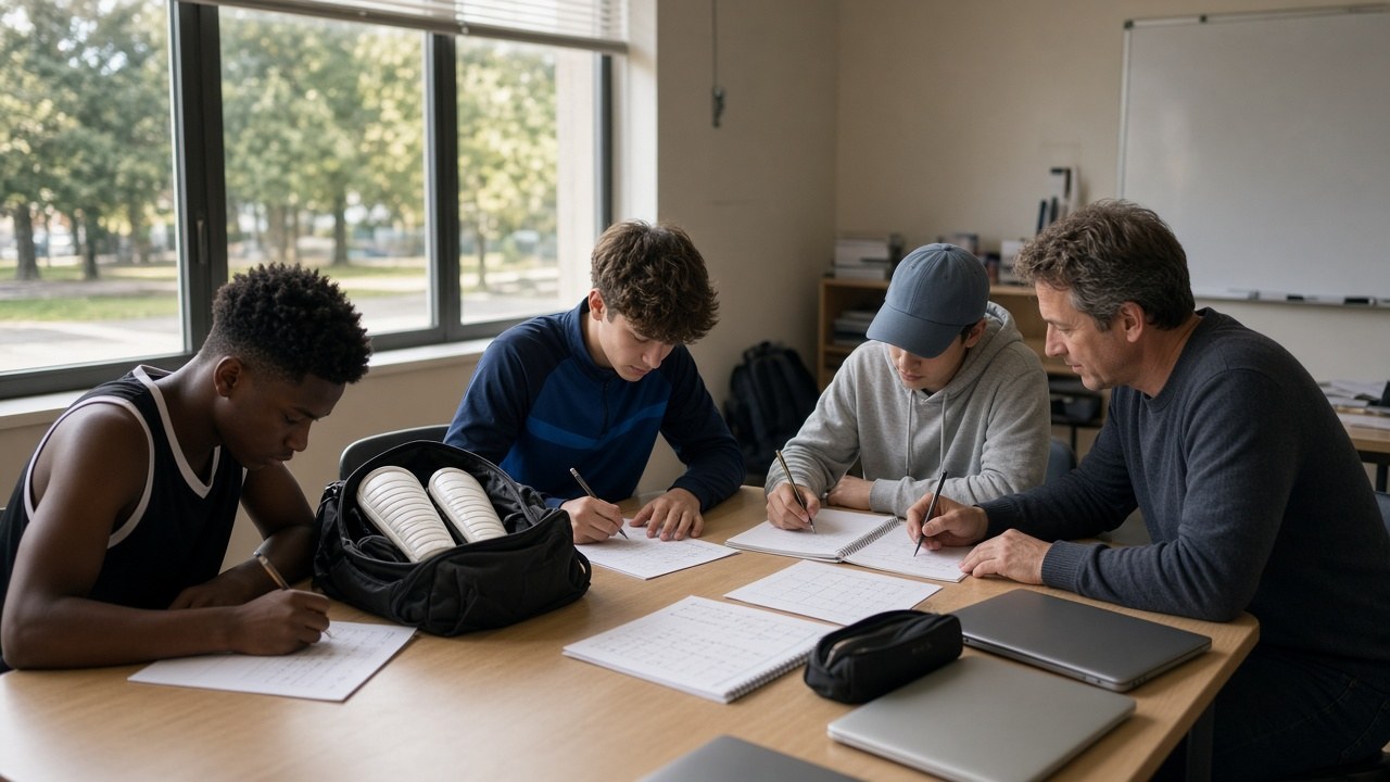 Small-group tutoring session with student-athletes in basketball, soccer and baseball gear working through math at a table
