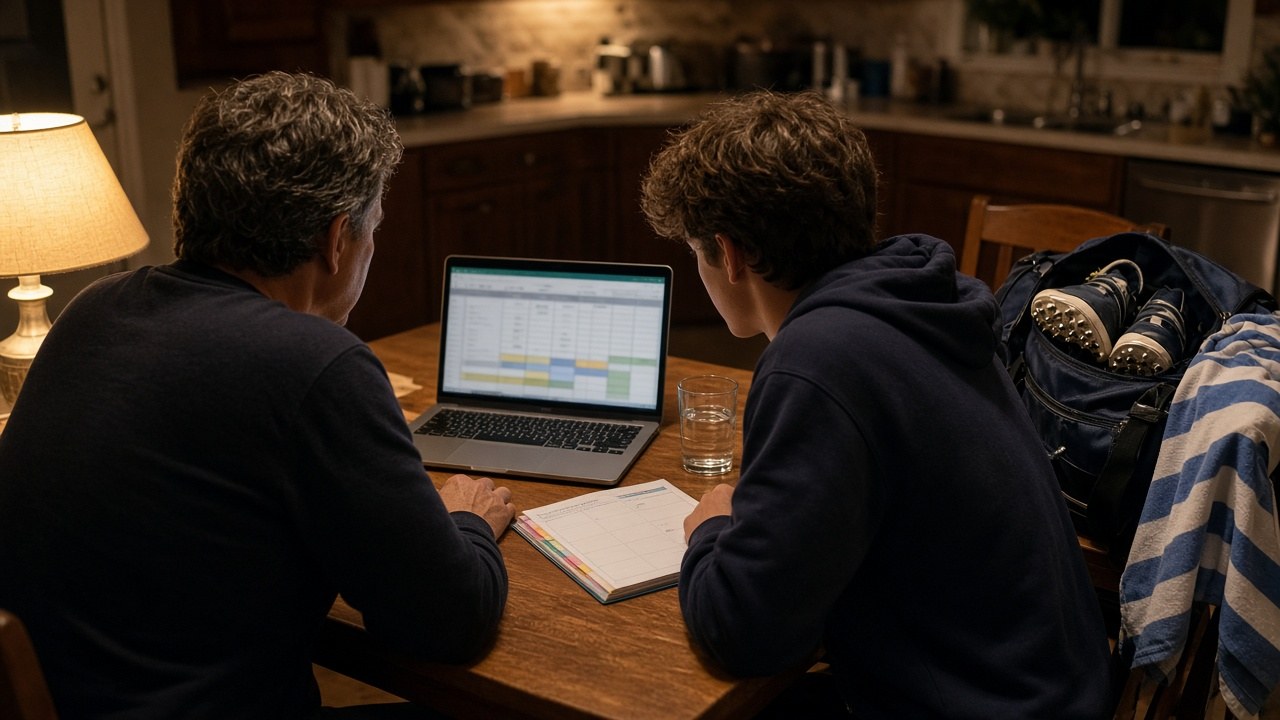 Parent and teen athlete reviewing grades and a planner at the kitchen table with a sports bag nearby