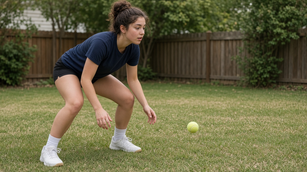 Young volleyball player in a ready stance reacting to a dropped ball in a backyard
