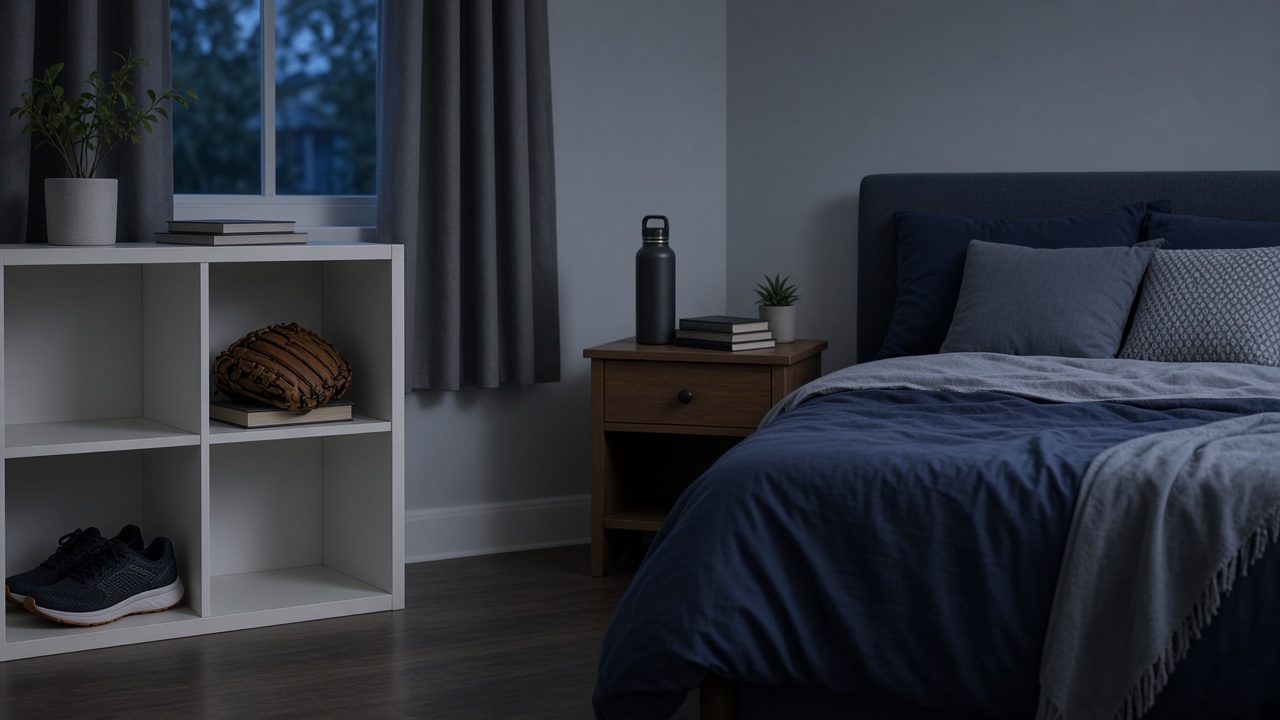 Calm, tidy kid's bedroom with sports gear on a shelf and a water bottle on the nightstand